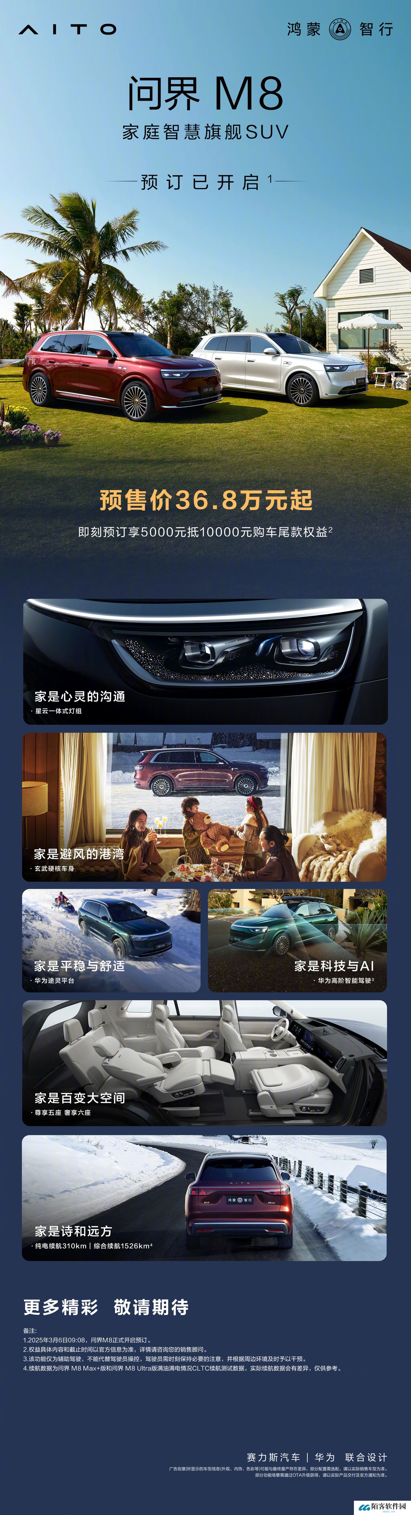 鸿蒙智行问界 M8 预售价 36.8 万元起：4 月上市，满油满电综合续航 1526km