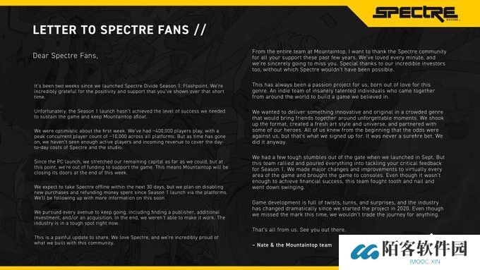 Shroud冠名射击游戏《Spectre Divided》宣布停服 研发工作室闪电关停