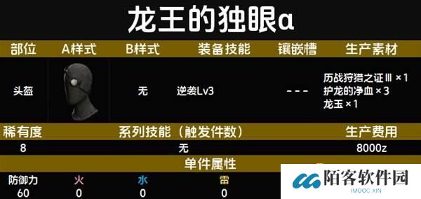 怪物猎人荒野龙王的独眼α套装图鉴-龙王的独眼α套属性技能生产材料详情
